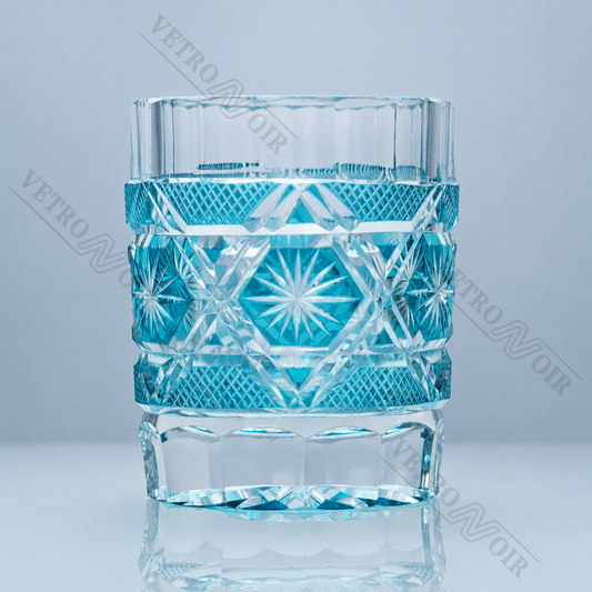 Aqua Starburst Prism Edo Kiriko whiskey glass with blue crystal, geometric hand-cut pattern, and clear faceted base.