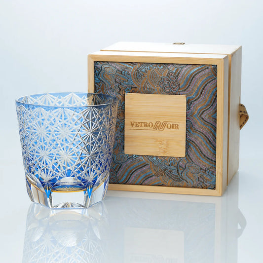 Blue Daisy Edo Kiriko Whiskey Glass – Large Hand-Cut Crystal Tumbler