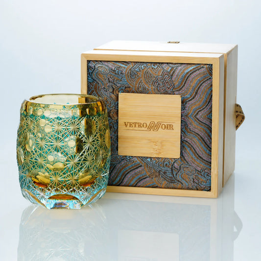 Aqua Amber Bloom Edo Kiriko Whiskey Glass – Hand-Cut Crystal Tumbler