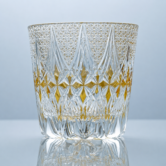 Imperial Sunburst Edo Kiriko whiskey glass with intricate cut crystal detailing and golden diamond accents.