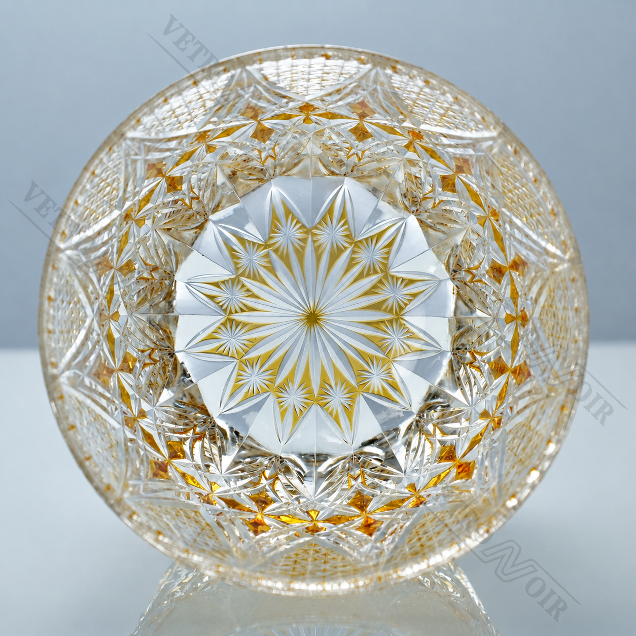 Top view of Imperial Sunburst Edo Kiriko whiskey glass showing a radiant sunburst cut pattern and geometric crystal design.