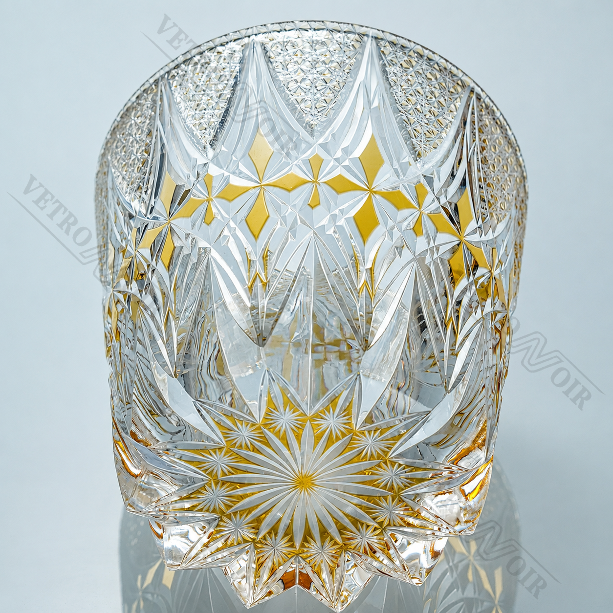 Bottom view of Imperial Sunburst Edo Kiriko whiskey glass highlighting the starburst base and hand-cut crystal craftsmanship.