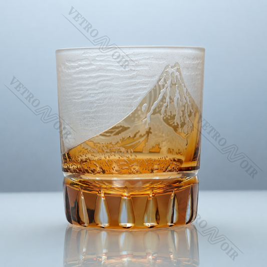 Amber Fuji Wave Edo Kiriko whiskey glass with frosted wave artwork, Mount Fuji-inspired detailing, and amber crystal base.
