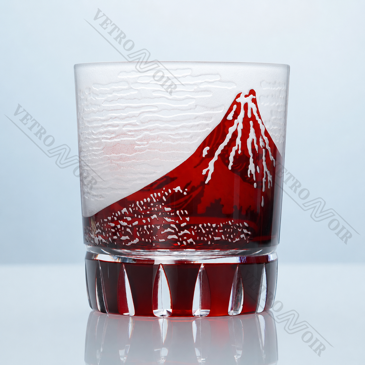 Crimson Fuji Wave Edo Kiriko whiskey glass with frosted Mount Fuji artwork, wave detailing, and red crystal base.
