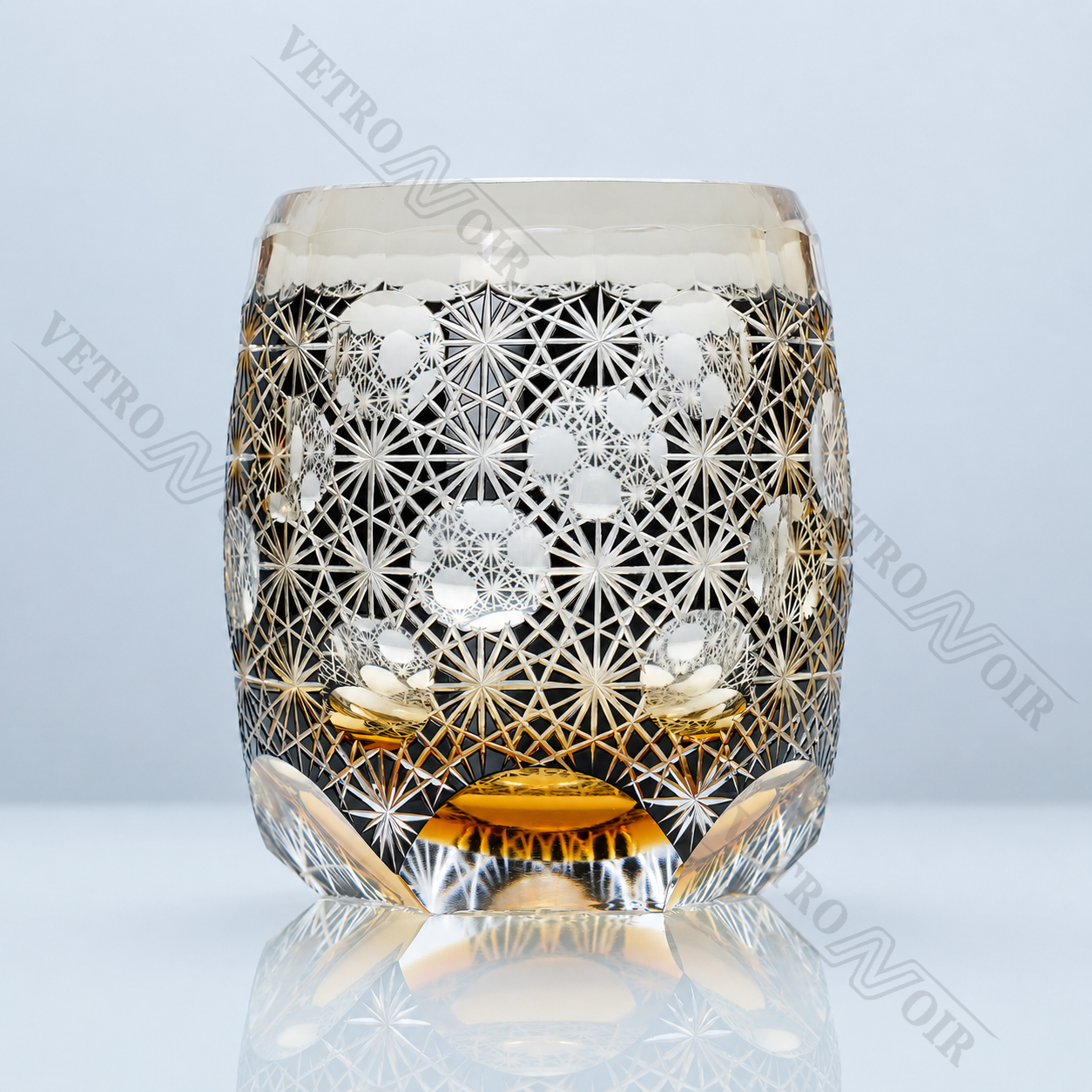 Midnight Amber Sakura Lattice Edo Kiriko whiskey glass with black lattice cuts, amber crystal base, and floral hand-cut details.