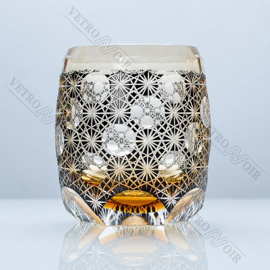 Midnight Amber Sakura Lattice Edo Kiriko whiskey glass with black lattice cuts, amber crystal base, and floral hand-cut details.