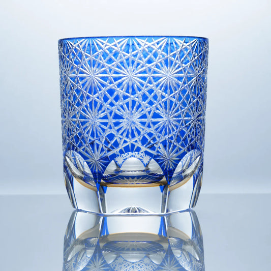 Blue Daisy hand-cut Edo Kiriko whiskey glass with crystal daisy patterns and a clear faceted base.