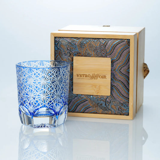 Blue Daisy Edo Kiriko Whiskey Glass – Hand-Cut Crystal Tumbler
