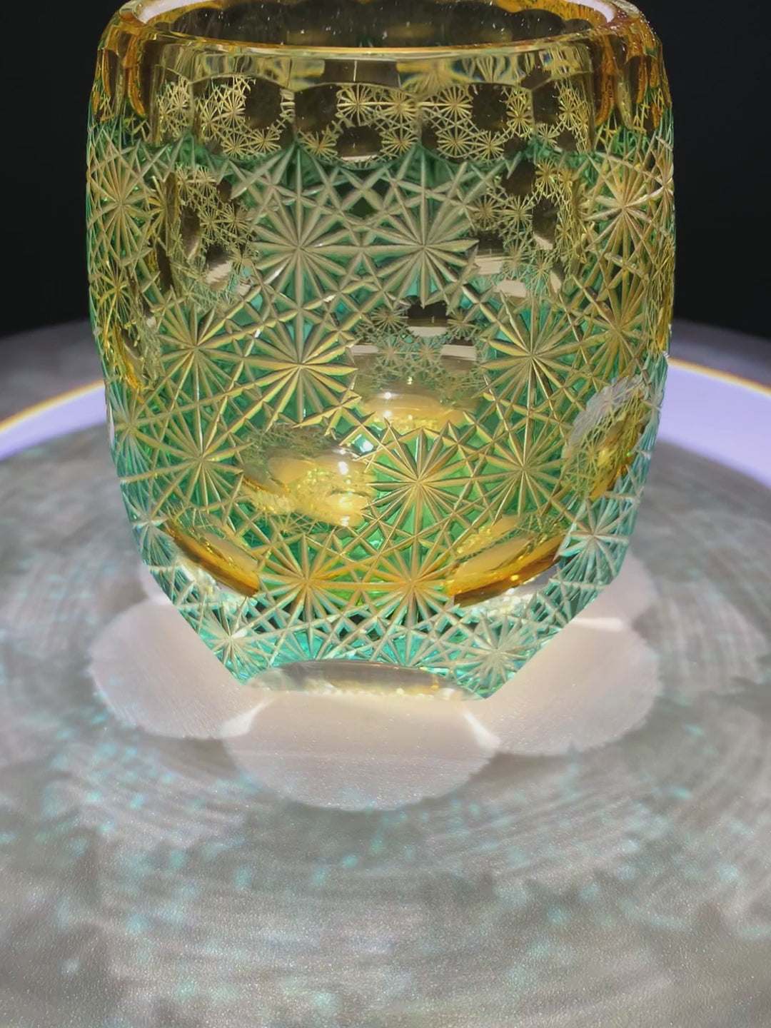 Aqua Amber Bloom Edo Kiriko Whiskey Glass – Hand-Cut Crystal Tumbler